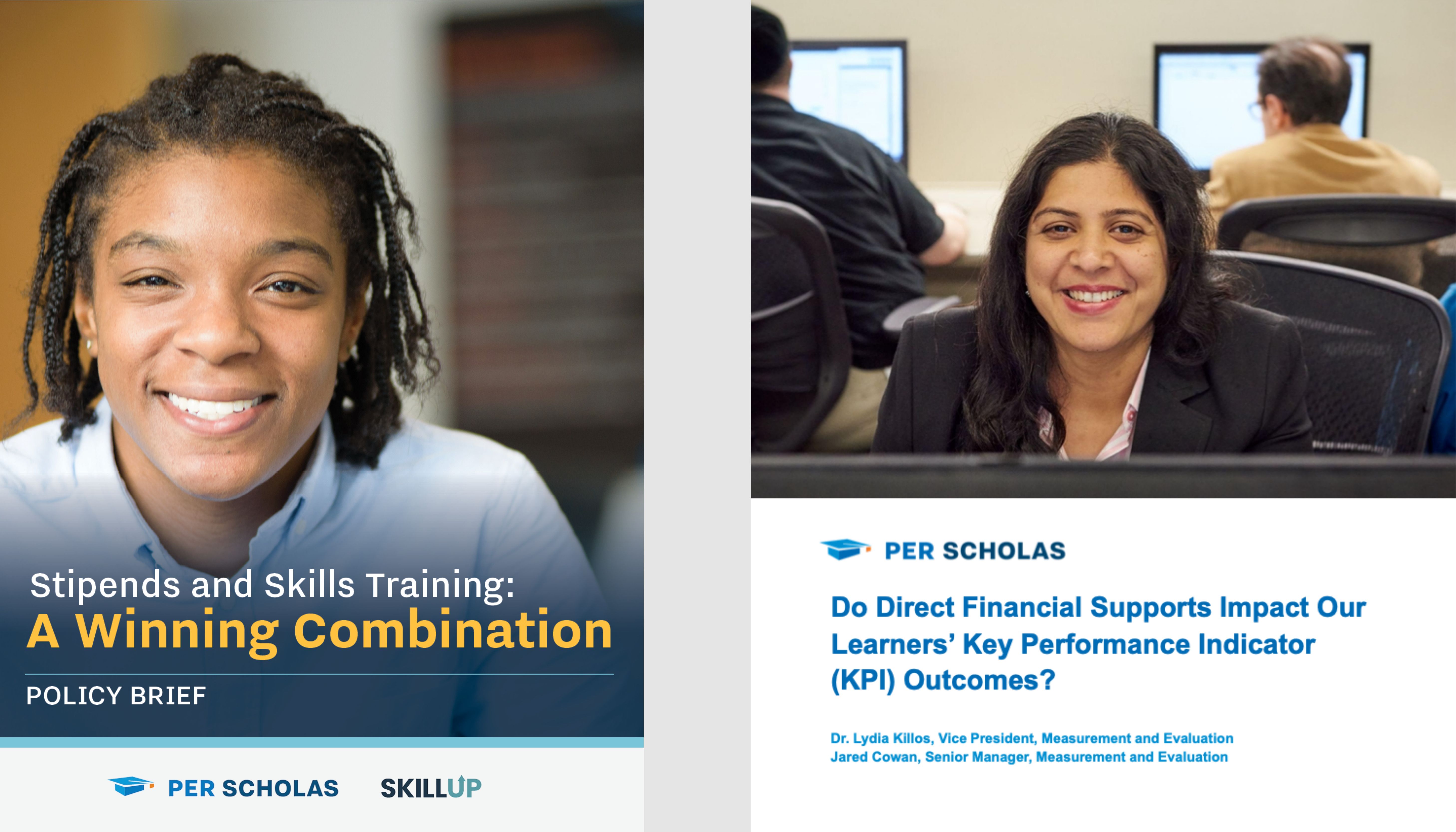 Covers of the Stipends and Skills Training policy brief and the full KPI research report