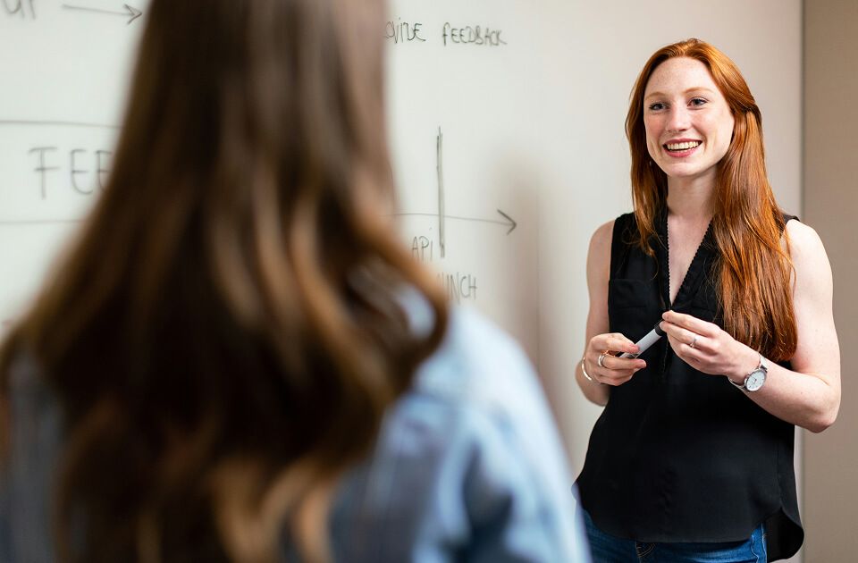 Female professional teaching in front of whiteboard.