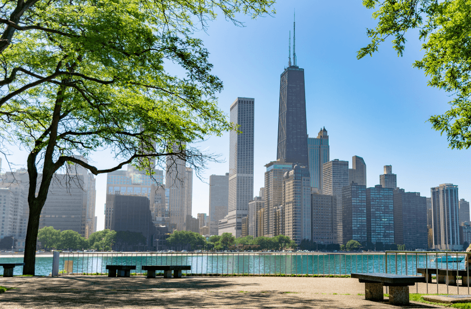 Chicago skyline overlooking lake, framed by trees along the waterfront.