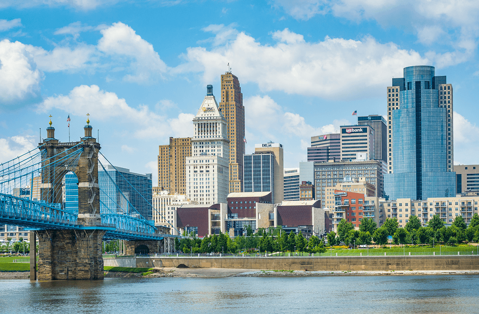 Cincinnati skyline and bridge over Ohio River.