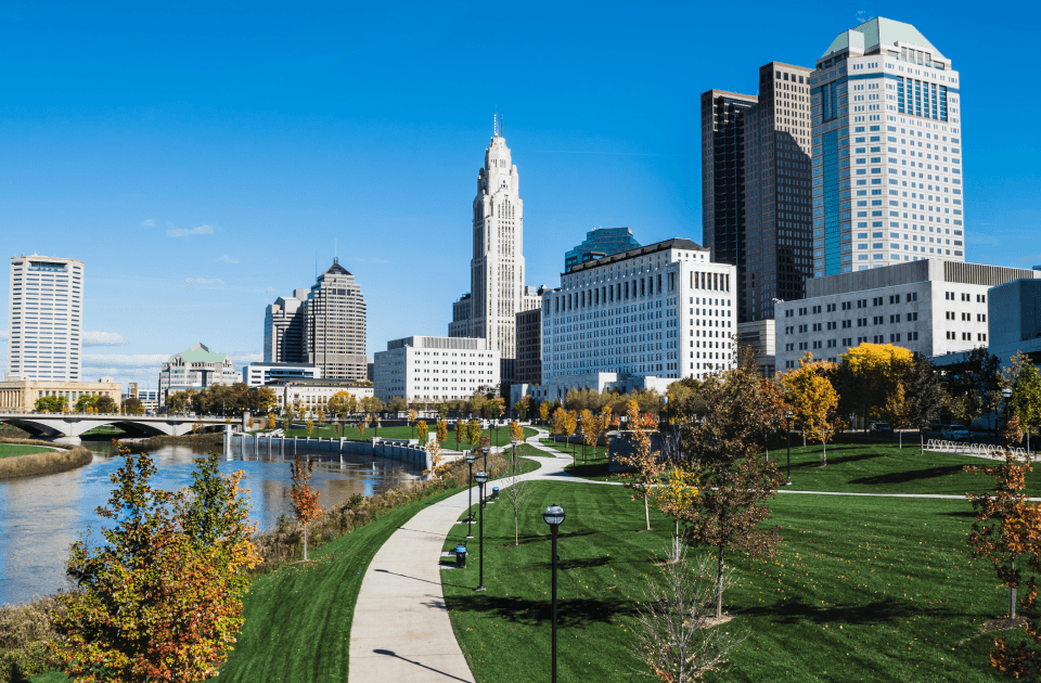 Columbus skyline overlooking river and park.