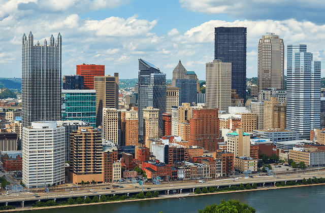 Pittsburgh city skyline with PPG Place towers along the Monongahela River.
