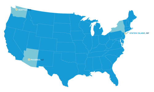 Map of United States highlighting new Per Scholas locations.