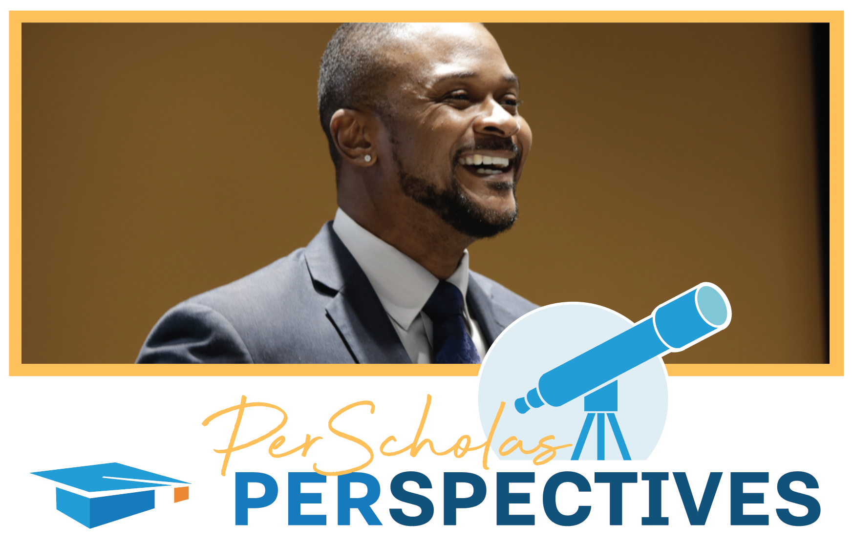 Photograph of Damien Howard with Per Scholas Perspectives Logo