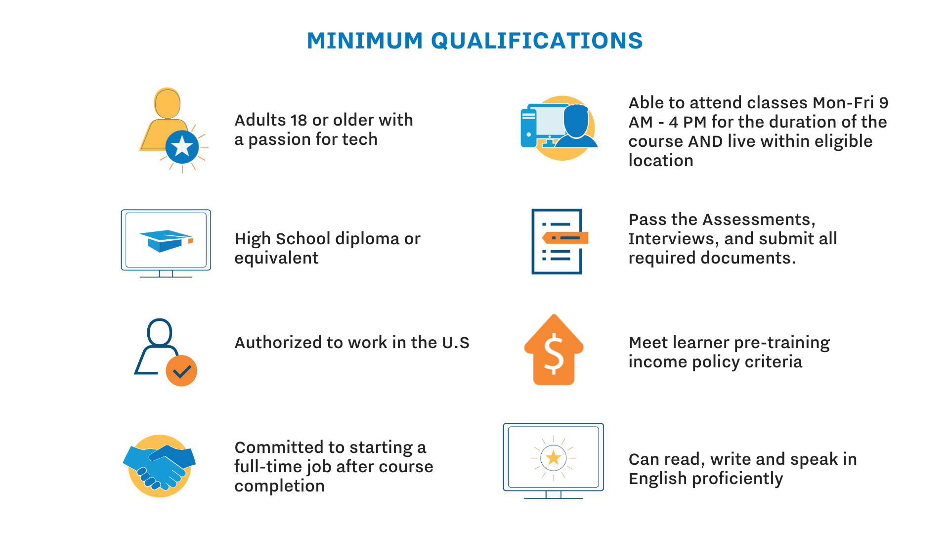 Minimum Eligibility: - Adults 18 or older with a passion for tech - HS diploma or equivalent - Authorized to work in the US -Committed to starting a FT job after course completion - Able to attend classes m-f 9-4 for duration of course and live within eligible location - Pass the assessment, interviews, and submit all required documentation - Meet learner pre-training income policy -can read, write, and speak in English proficiently